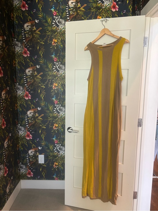 Dresses & Skirts - Women's Striped Maxi Tank Dress - Mustard & Taupe